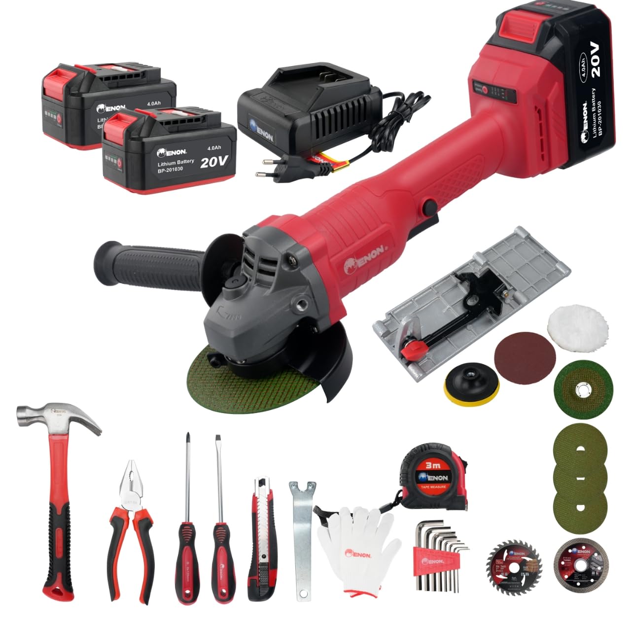 Enon Cordless Angle Grinder 700W | 20V Powerful Brushless Motor | 8800 RPM, 4Ah Battery & Charger | Grinding, Metal, Wood, Marble Cutting | Variable Speed Angle Grinder | 21 Pcs Accessories Kit Set Enon Cordless Angle Grinder 700W | 20V Powerful Brushless Motor | 8800 RPM, 4Ah Battery & Charger | Grinding, Metal, Wood, Marble Cutting | Variable Speed Angle Grinder | 21 Pcs Accessories Kit Set